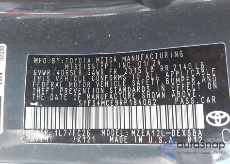 2024 Toyota Corolla Se from USA, damaged, VIN 5YFS4MCE9RP184062